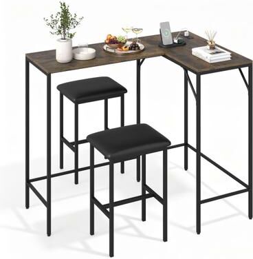 Costway 3-Piece Convertible L-Shaped Kitchen Table Chair Set with 2 AC Outlets USB Port and Type-C Port-Rustic Brown