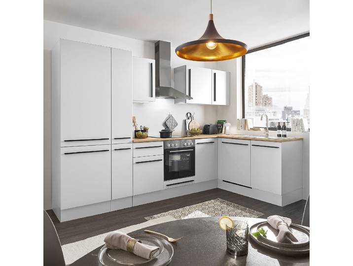 Cuisine d'angle 310cm Blanc/Blanc mat Sans électroménager