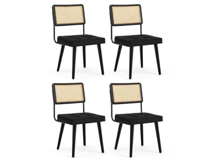 GarveeHome 4er-Set Rattan Esszimmerstühle Mit Geschwungener Holzrückenlehne Schwarz Samtsitz