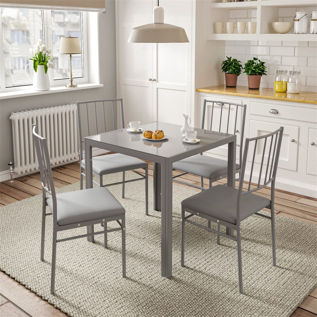 Ebern Designs Dorrien Square Glass Top Dining Table with Iron Base Grey