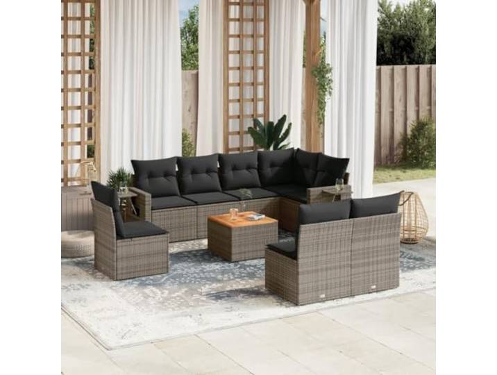 KTHLBRH Gartenmöbel-Set 9-teilig mit grauen Kissen aus Polyrattan Modular mit Couchtisch, Sitzflächen mit wasserdichter Aufbewahrung, Tischplatte aus Akazie, für Terrasse und Terrasse