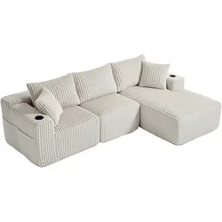 OKWISH Modulares Sofa 2-Sitzer + Chaiselongue, Cordstoff, 5 Kissen, Cupholder, Seitentaschen, pflegeleicht, sofort einsatzbereit, Beige, 160x250 cm