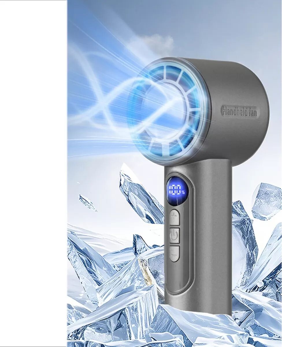 INF Handgehaltener Turbo-Kühlventilator mit thermoelektrischer Eis-Kühlung, LED-Display, 3000mAh USB wiederaufladbar Grau
