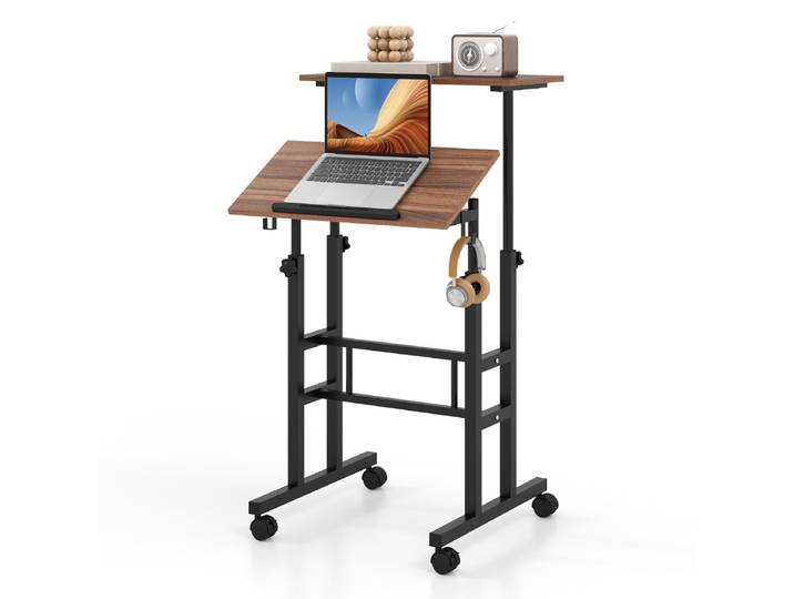 Mobiele Sta-bureau in Hoogte Verstelbare Laptoptafel met Gedeeld Blad & Verstelbare Hoek Verrijdbaar Bureau voor Thuiswerken Zwart + Walnoot