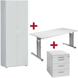 Geramöbel Möbel-Set »New York« 3-teilig, Schreibtisch mit C-Fuß, Rollcontainer und Schrank grau