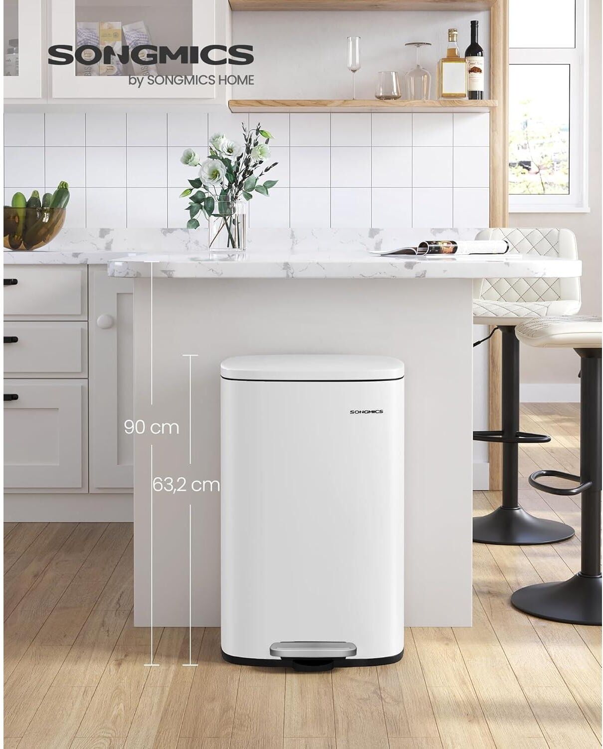 Mülleimer SONGMICS "50 l", weiss (weiß), 50 l, Stahl, Mülleimer, Mülleimer weiß 50 l
