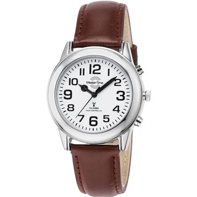 Funkuhr MASTER TIME "Sprechende Funkuhr", braun (cognacfarben, weiß, weiß), Armbanduhren, Herren, silberfarben, Funkuhr, Armbanduhr, Quarzuhr, Herrenuhr, Lederarmband