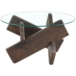 STILVORA Couchtisch rund 79x79x45 cm Transparent+Walnuss MDF Glas mit 8 mm Tischplatte und kreativem Kreuzgestell, modernes Design für Wohnzimmer