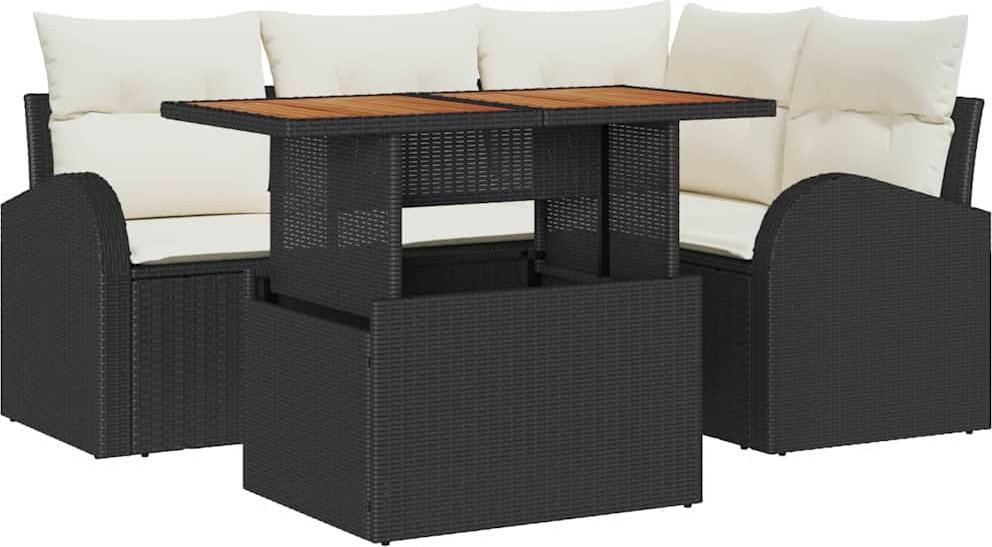 Modulares Garten-Sofa-Set, 4-Sitzer Lounge mit Stauraum & wasserdichten Taschen, Poly Rattan Schwarz Matt, 5-teilig für Terrasse & Balkon