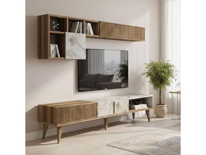 Dmora Wohnwand Gemini 180x35x40 cm Braun 11 Böden 5 Türen