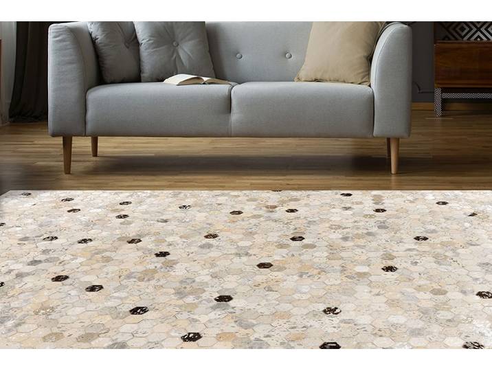 Lederteppich KAYOOM Ravi 400 - Fellteppich , bunt (silberfarben, grau), B:80cm H:8mm L:150cm, Rindsleder, Teppiche, Lederteppich, metallische Effekte, Patchwork Dessin, Rindsfell mit Wollrücken