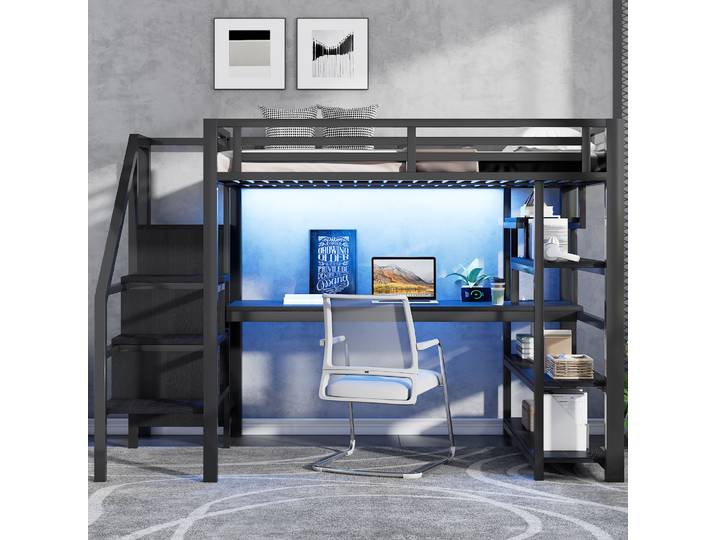 Lit mezzanine complet 140x200cm avec escalier et bureau avec étagères de rangement, cadre de lit mezzanine complet avec bureau en dessous et station de charge USB