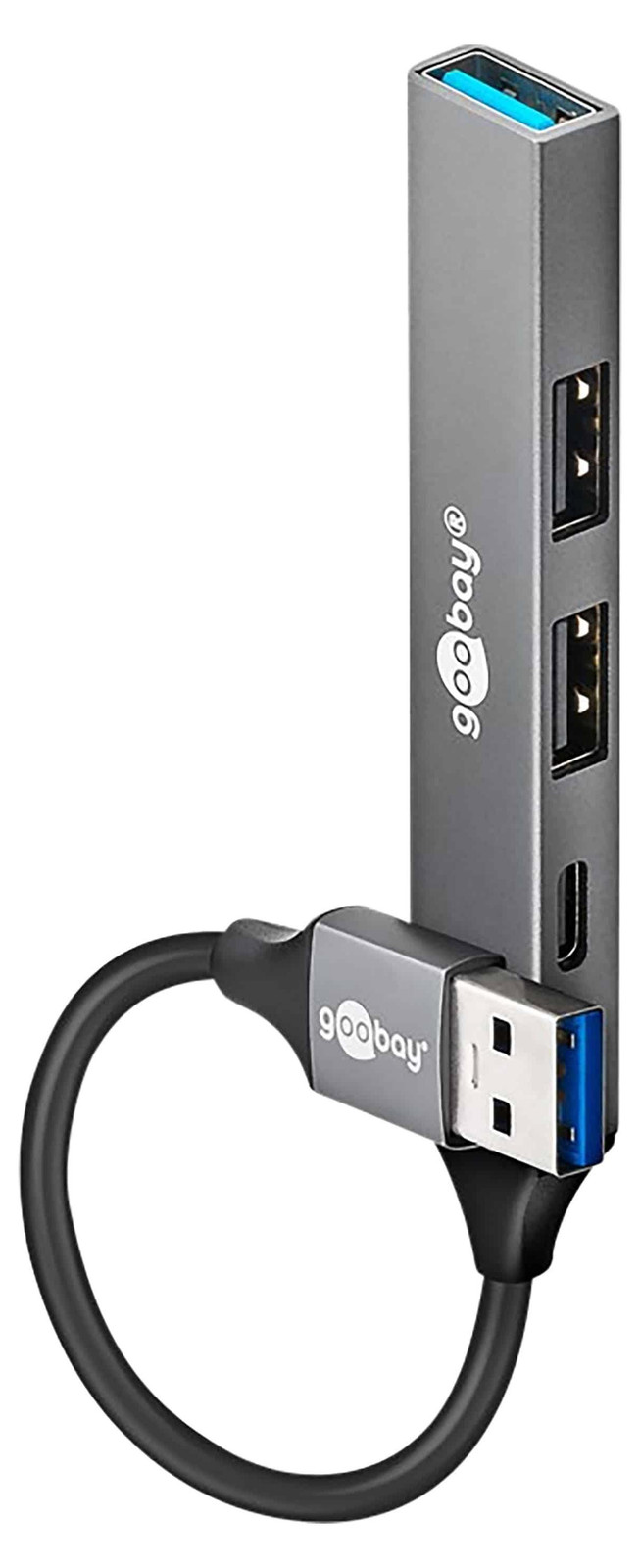 Goobay 74458 Slim USB-hub met 4 poorten, USB-A naar USB-C en USB-A, 5 Gbit/s, lichtgrijs