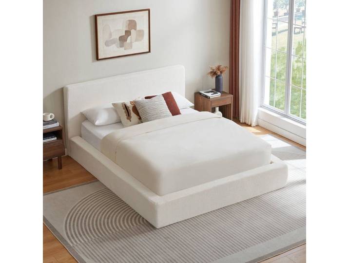 Lit double compressé 140x200 cm Contreventement en acier renforcé Tête de lit rembourrée Blanc crème(Sans matelas)