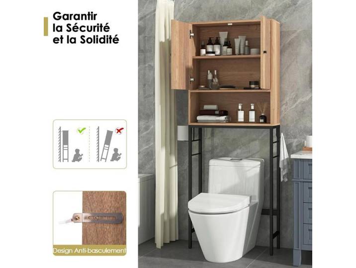 Armoire WC GIANTEX - Meuble de Rangement Au-Dessus des Toilettes Compartiment Ouvert - Etagère Réglable pour Buanderie Naturel