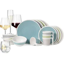 Moritz Melamin Geschirr-Set 4 Personen Harmonie 16 Teilig + 16 Milano Gläser Wassergläser Weingläser Champagner-Gläser Flûtes Tafelgeschirr Picknick