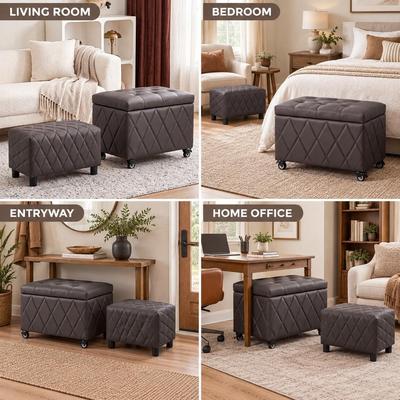 EP Light 24'' Wide Tufted Faux Leather Storage Ottoman Set,with Wheels (Set of 2)