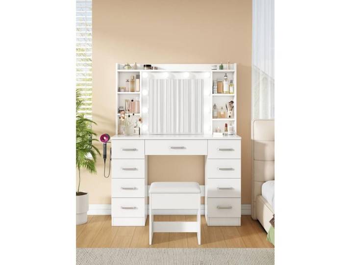 Coiffeuse maquillage blanche avec miroir LED réglable 9 tiroirs tabouret rangement étagères ouvertes table de maquillage moderne