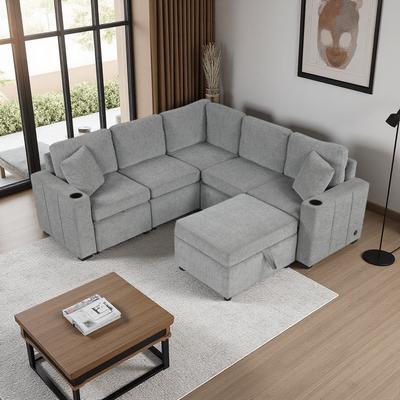 Chenille Convertible Pull-Out Sleeper Sectional Sofa Bed