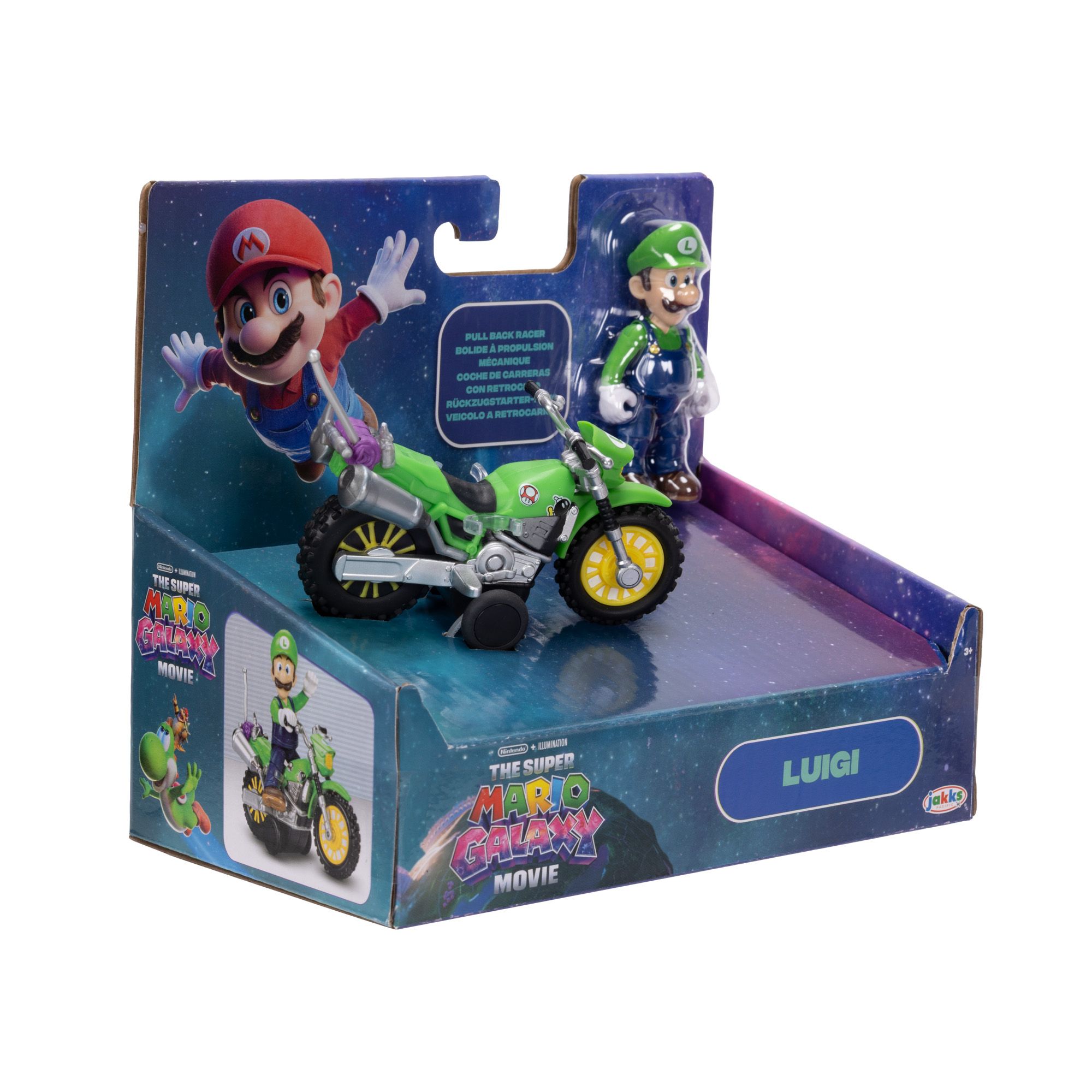 Die Super Mario Galaxy Film-Actionfigur Luigi mit Motorrad (2,5" / 6,35 cm), offiziell lizenziert von Jakks Pacific, 9 Bewegungspunkte, detailreiches Design, zurückziehen und losfahren lassen! Ab 3 Jahren 432344