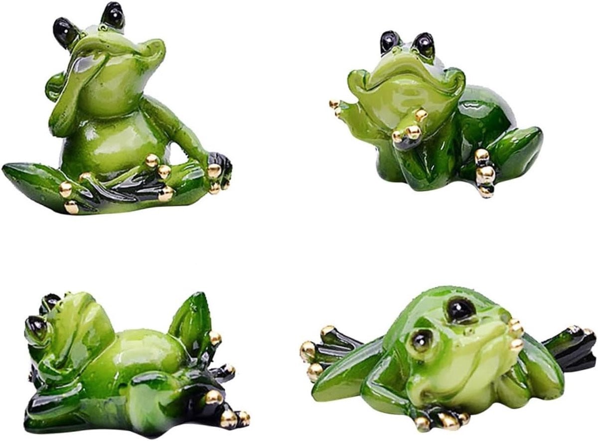 Set van 4 groene kikker beeldjes van hars voor tuin decoratie