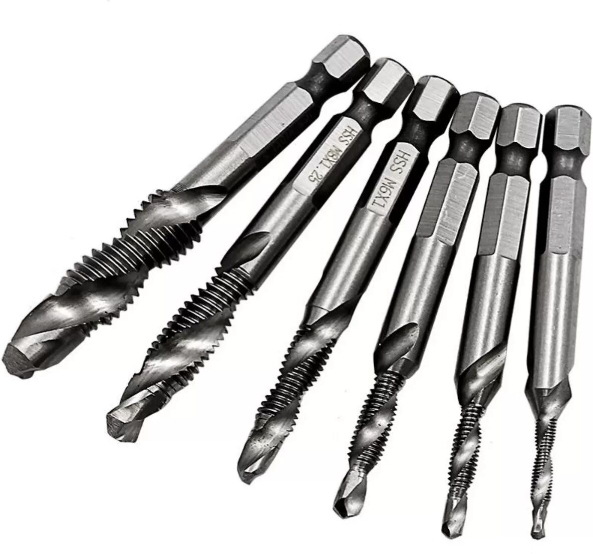 INF Jeu de 6 forets tarauds combinés longs argentés - Acier au carbone, queue hexagonale