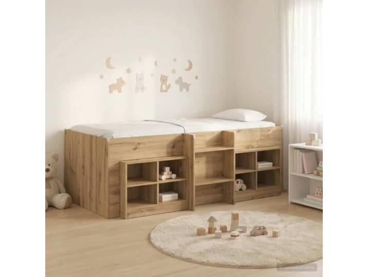 HKPWRBFG Loft-Bettgestell mit Schrank, Holzwerkstoff, Artisan-Eiche Stabiler Lattenrost inklusive, Platzsparende Leiter-Konstruktion