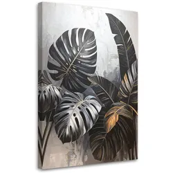 LEINWANDBILD, Schwarze Blätter von Monstera und Bananenbaum auf grauem Hintergrund