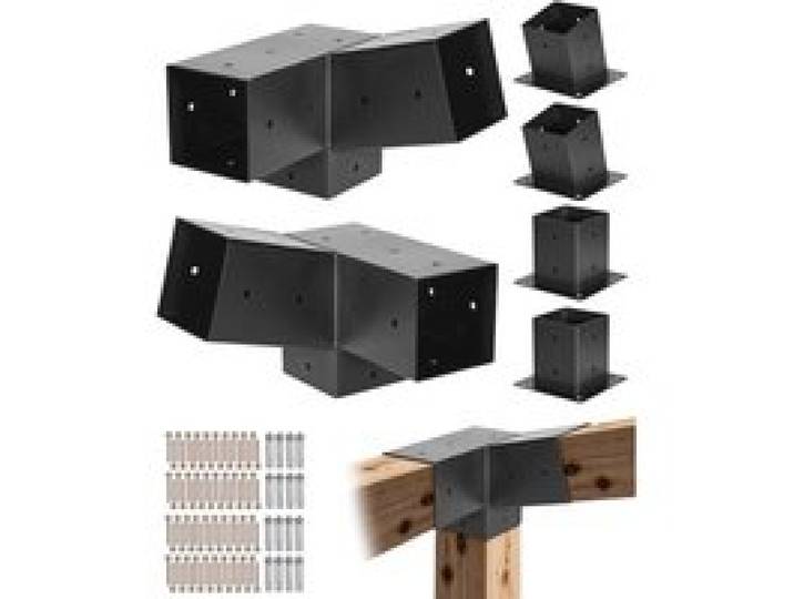 VEVOR Kit Support de Pergola, Lot de 6, Support de Poteau Bois 92x92 mm, 2 Supports d'Angle 3 Voies, 2 Bases de Poteau, 2 Bases Murales, pour Poutres Bois Standard Toit Incliné, Banquet Fête Plein Air