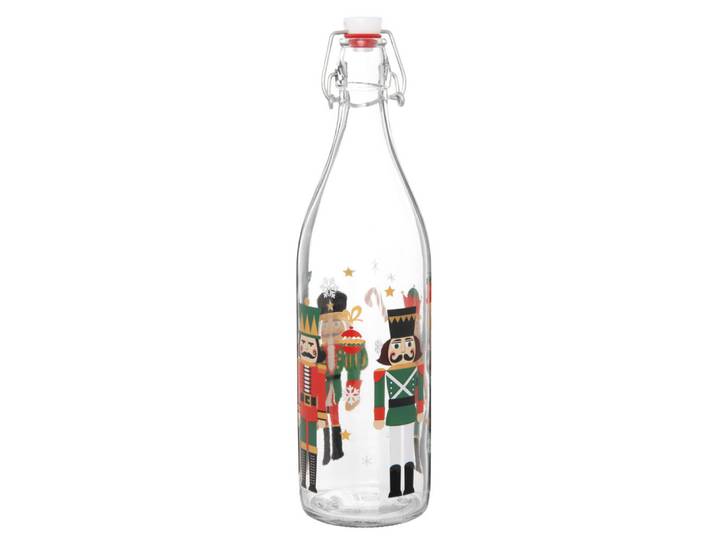 Glasflasche mit Nussknackermotiv, schwarz, grün und rot, 1 l