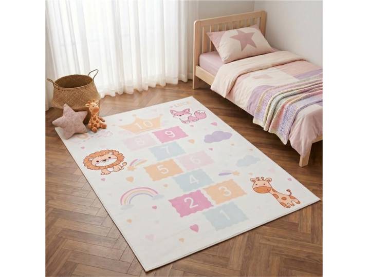Tapis enfant TAPISO KIDS Marelle Animaux - Tapis chambre motif chiffres 1 à 10 lion et girafe beige rose 180x250