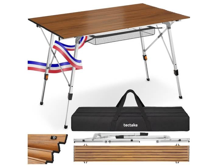 Table de camping Tina en aluminium, pliable et réglable en hauteur - aspect bois