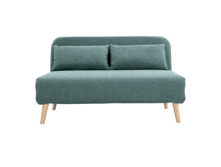 Zweisitzer-Schlafsofa aus graugrünem Stoff und hellem Holz AMIKO