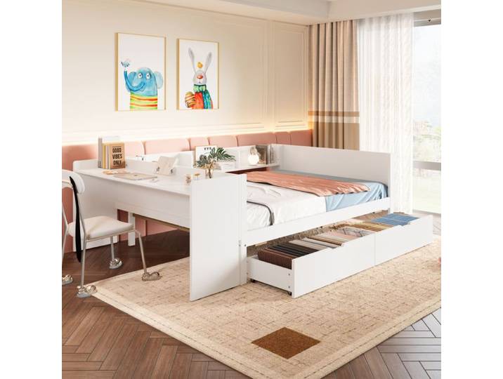 Lit plat 140x200cm avec bureau lit double avec 2 tiroirs et étagère cadre de lit en pin blanc