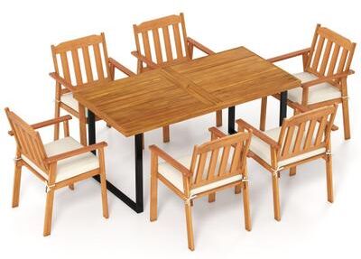 Costway 7 Pieces Patio Dining Table Set 63” Rectangle Table and 6 Acacia Wood Armchairs