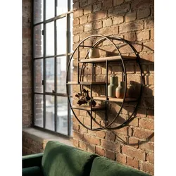 Wandregal Mango Massivholz Metall Industrial Stil Rund 70x70x18 cm
