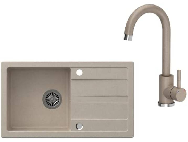 VBChome Spülbecken mit Armatur Beige 77x44 cm - Granit Einbauspüle mit Einzelbecken und Abtropffläche - Reversibel - Gesprenkelt - Inkl. Küchenarmatur und Siphon