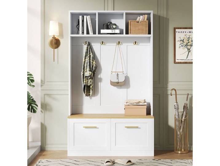 Ensemble meuble d'entrée avec banc rangement ouvert 2 portes et 4 crochets vestiaire compact naturel et blanc