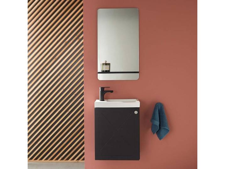 Meuble lave-mains AVA noir carbone + miroir tablette noire