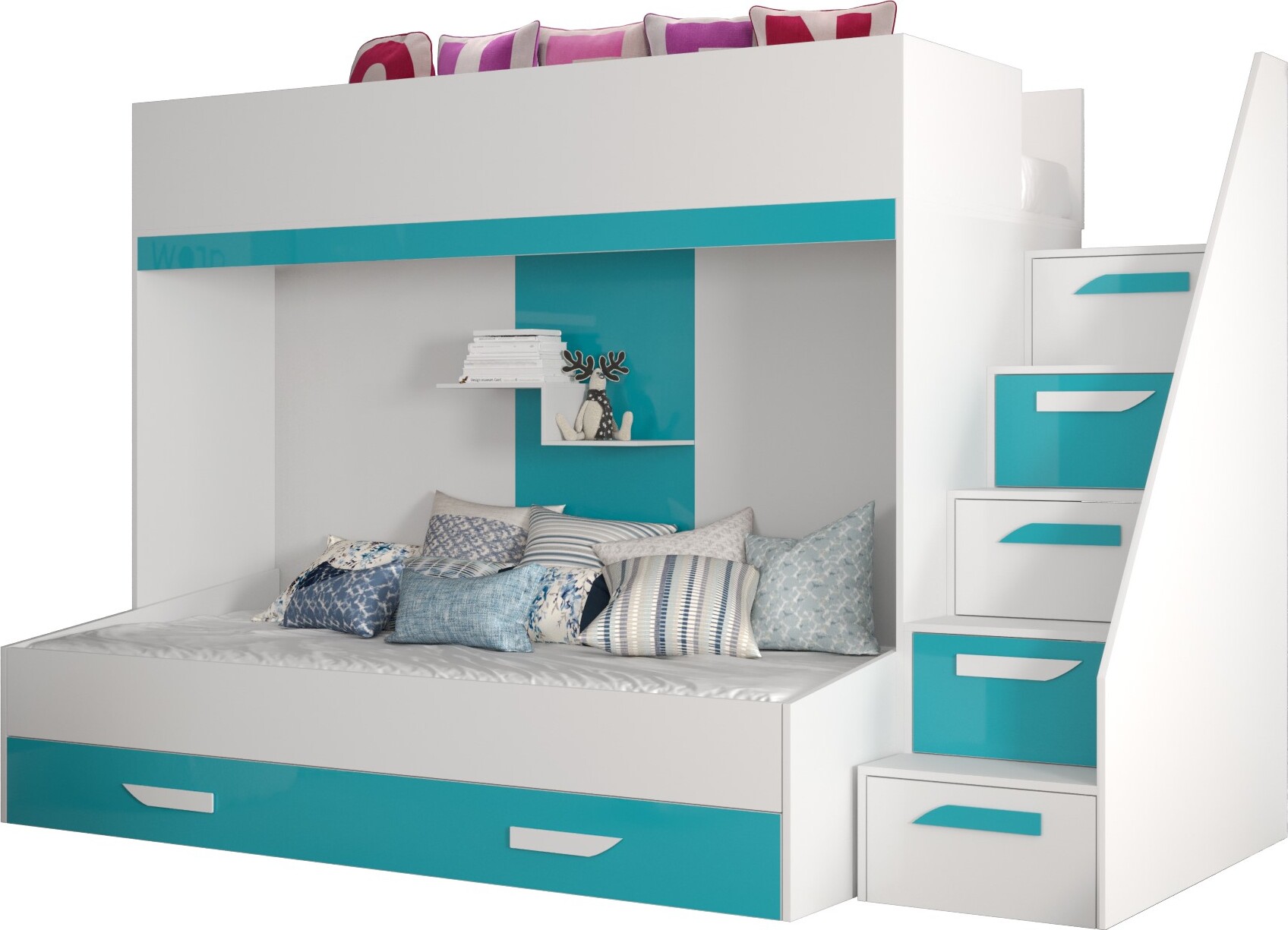 Etagenbett für Kinder Party 16 Stockbett mit Treppe und Bettkasten (Weiß + Türkis Glanz)