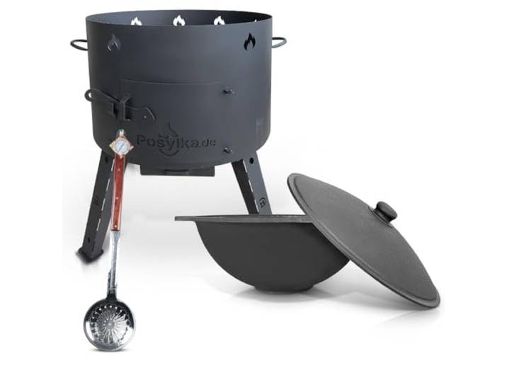 Utschak Feuerofen Ø 49 cm mit Gusseisen Topf flacher Boden mit Deckel (22 L) KazanoFF, Uchag Schaumlöffel für Plov, 64 cm, Kazan Kasan Usbekisch, казан Camping, Gulaschkanone Dutch Oven (Set 22F-5)