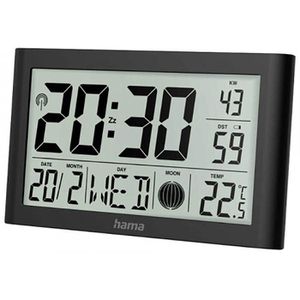 Hama Wanduhr Martinique, Kunststoff, digital, Funkuhr, 20 x 12 cm, schwarz, mit Thermometer & Datumsanzeige, lautlos