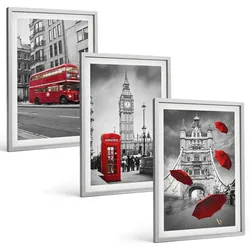 BILDER SET 3er Set - 40x60 cm Silberner Rahmen - Red Accents London