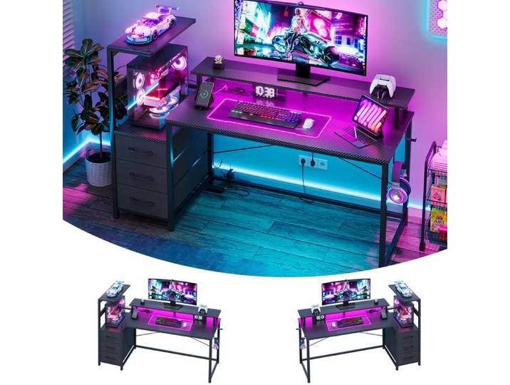 Bureau Gaming LED-150X75cm-Bureau Gamer Réversible avec Support d'écran-Table Gaming avec 3 Tiroirs de Rangement-2 Prise et USB