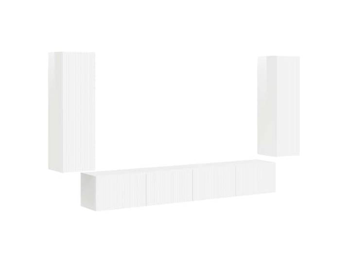 KTHLBRH TV-Schrank-Set zur Wandmontage, 4-teilig, weiß glänzend Holztechnik, 90° drehbare Scharniertüren, rechteckige Form, verschiedene Fächer, feuchtes Tuch