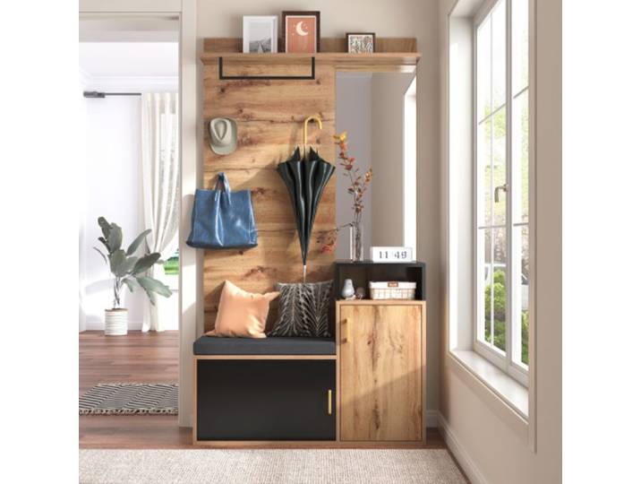 Meuble d'entrée Ensemble de vestiaires - SWEIKO - 4 patères miroir armoire à chaussures portemanteau mural- Bois et Noir