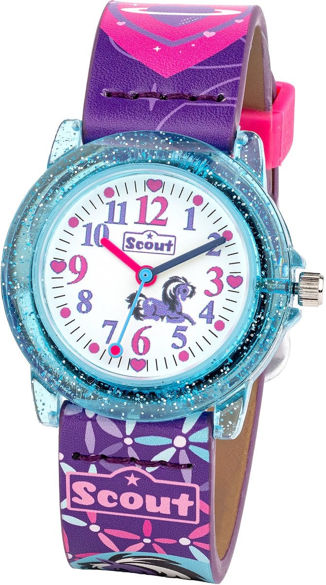 Scout Kinderuhr analog Heartbeat en Pony Love met paardenmotief en lila roze kunstleer band