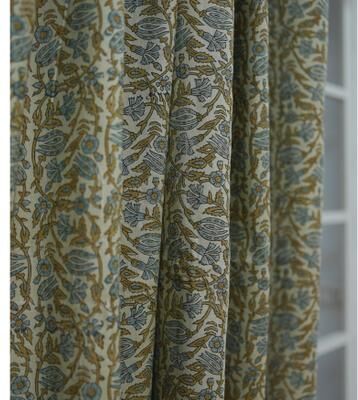 Fabdivine Semi Sheer Linen Block Print Window Treatment Drape Elegant Living or Bed Room, Hook Curtain Panel, Varmala
