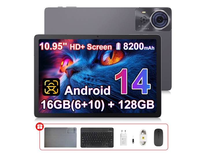 Tablette Cubot TAB 70, écran HD+ de 10,95 pouces, processeur octa-core, 16 Go (6 Go + 10 Go) + 128 Go de ROM, 8200 mAh, GPS, Face ID, Android 14, BT 5.0, OTG