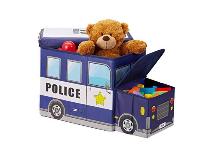 Relaxdays Tabouret Coffre boîte à Jouets Couvercle Pouf Enfant Pliable Voiture Police 50 litres\, Bleu foncé\, 33 x 27 x 56 cm